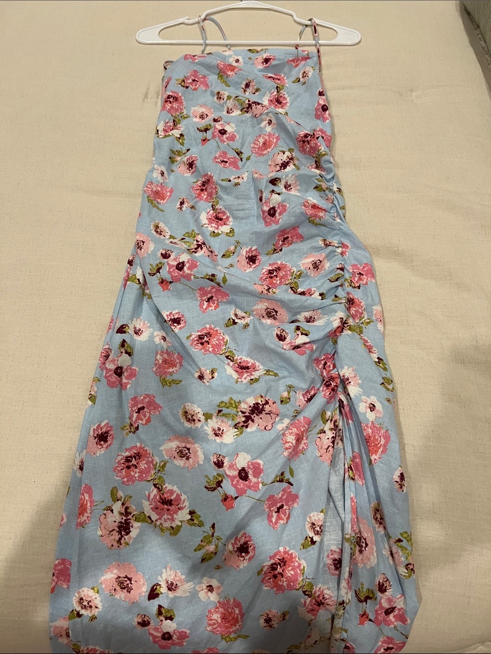 ZARA Light Blue Floral Smocked Sun Dress with Pink Blossoms